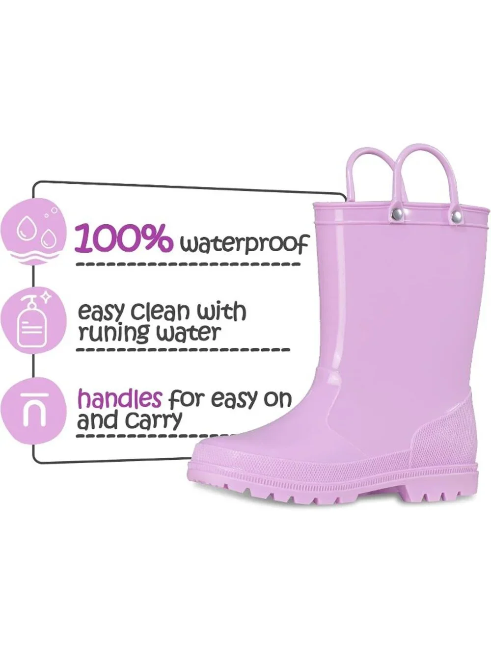 K KomForme Big Kids Size 2 Lavender Rain Boots With Handles & Removable Insole